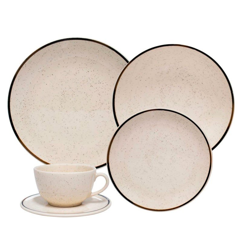 Jogo de chá em cerâmica 20 peças branco com dourado e suporte